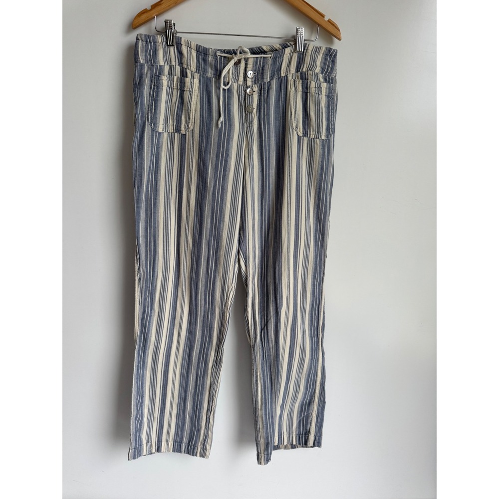 Sundance Blue White Striped Cotton Drawstring Pants Boho Coastal Size L wide leg